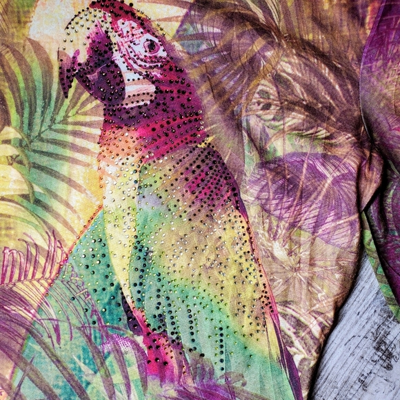 CHICO'S Tropical Paradise Parrot Rhinestone Sparkle 3/4 Sleeve Blouse Size 0 EUC - Picture 14 of 16